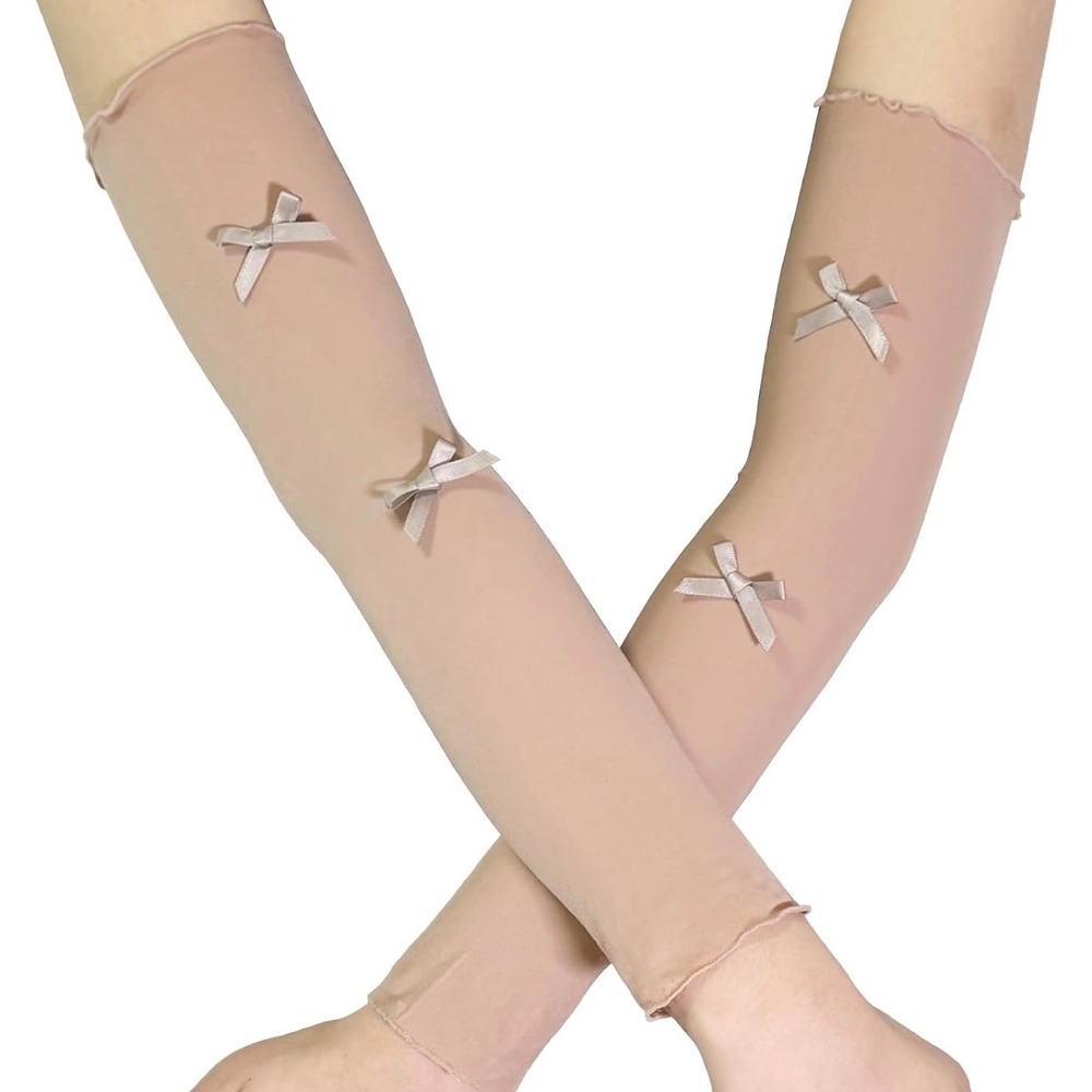Nude Sheer Arm Warmers with Satin Bows Coquette Balletcore Mesh Sleeves